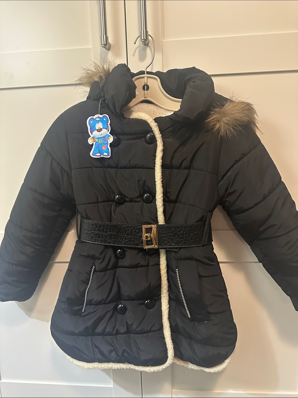 Girls' Black Puffer Coat with Faux Fur Trim and Belt LIMITED TIME ONLY